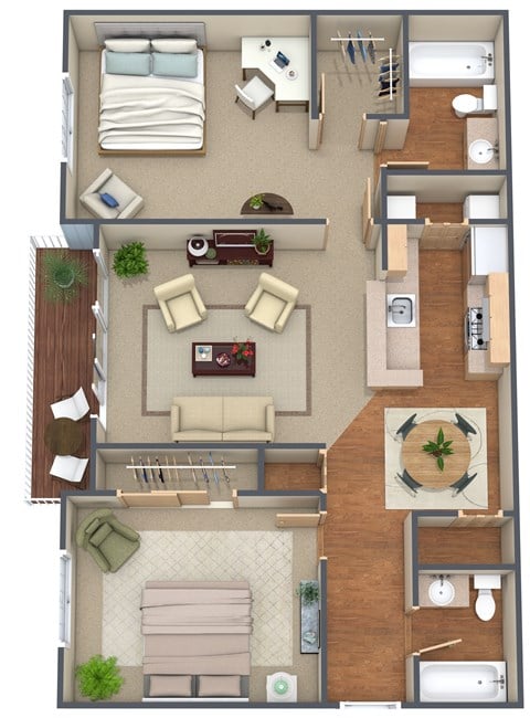 Floor plan for 2 beds, 2 baths, 1000 sqft